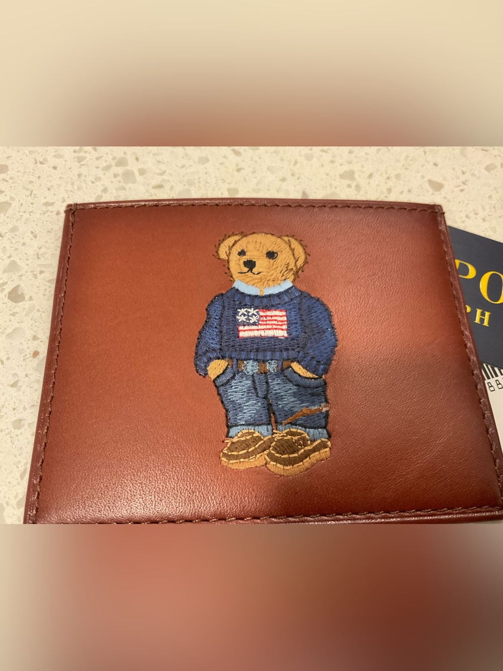 NEW Polo Ralph Lauren FLAG SWEATER BEAR Leather Slim Card Case Wallet - TAN - Picture 3 of 6